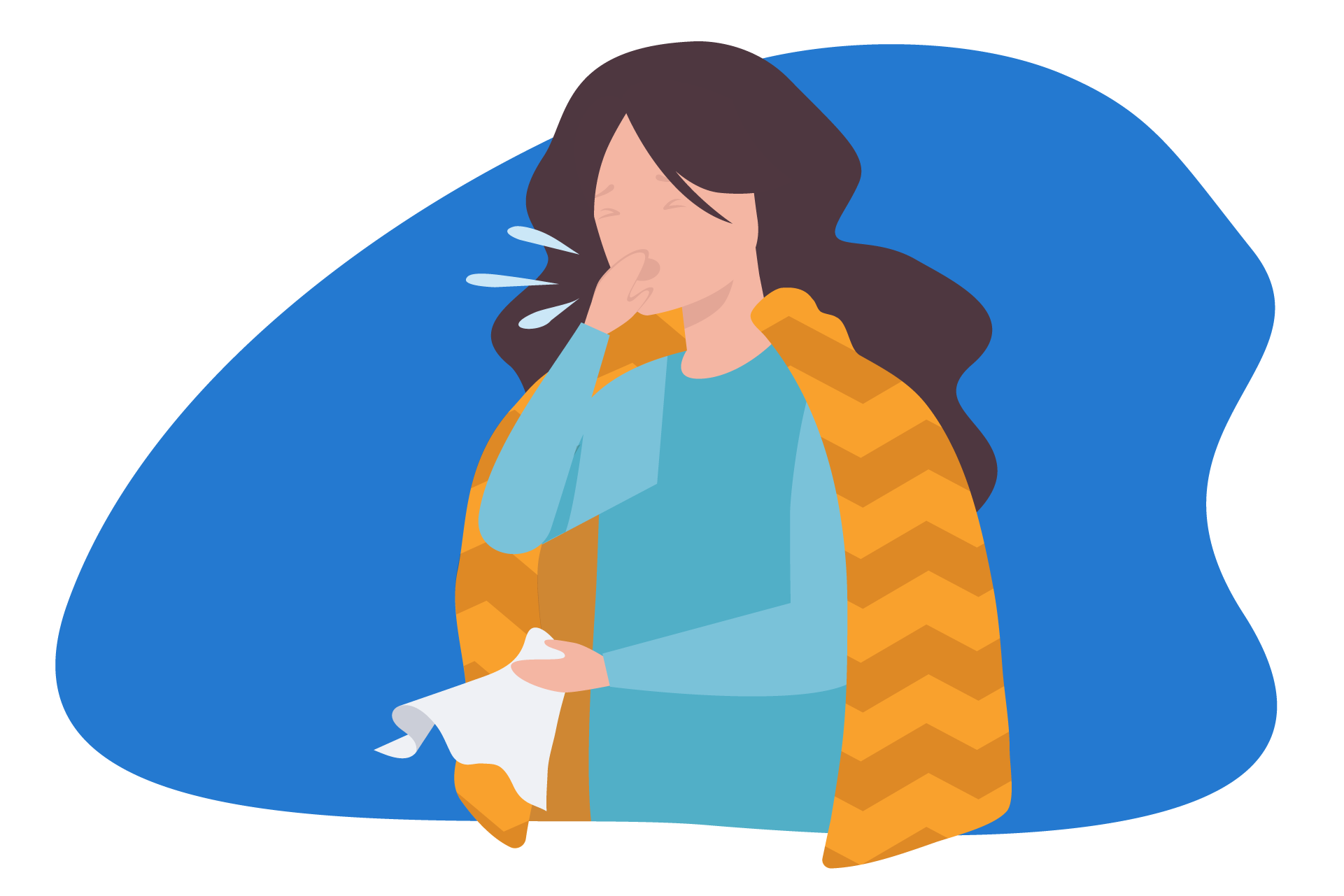 Ilustração de uma mulher coberta, levando uma mão à boca e a outra segurando um lenço.